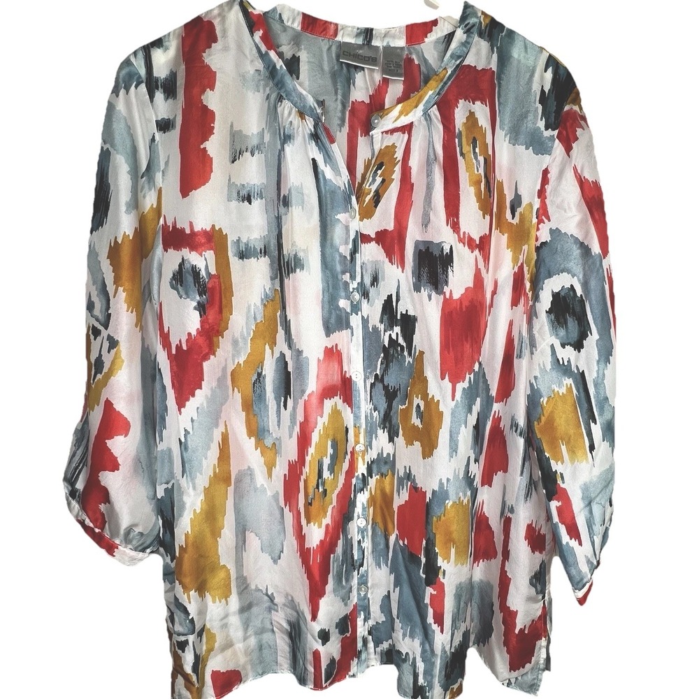Chicos Artsy Silk Top Womens XL Size 16 (Chicos 3) Lightweight Full Button Up